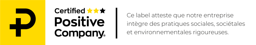Logo Certified Positive Company 2 étoiles avec la définition : Ce label atteste que notre entreprise intègre des pratiques sociales, sociétales et environnementales rigoureuses.