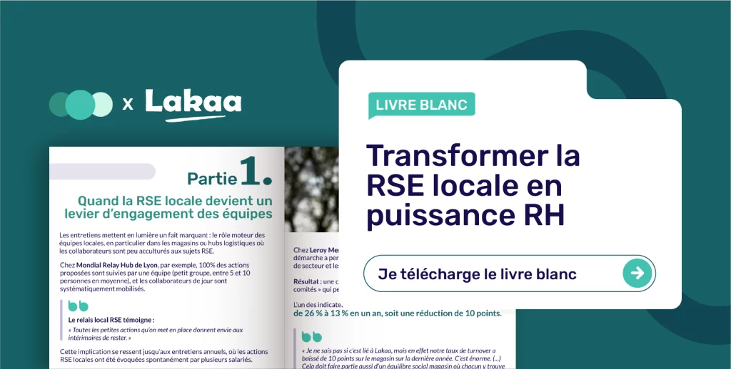 Vignette cliquable du livre blanc Lakaa x Day One sur la RSE locale et les RH, affichant un aperçu des pages et un bouton de téléchargement.