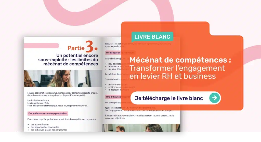 Aperçu et bouton de téléchargement du livre blanc sur le mécénat de compétences : transformer l'engagement en levier RH et business.
