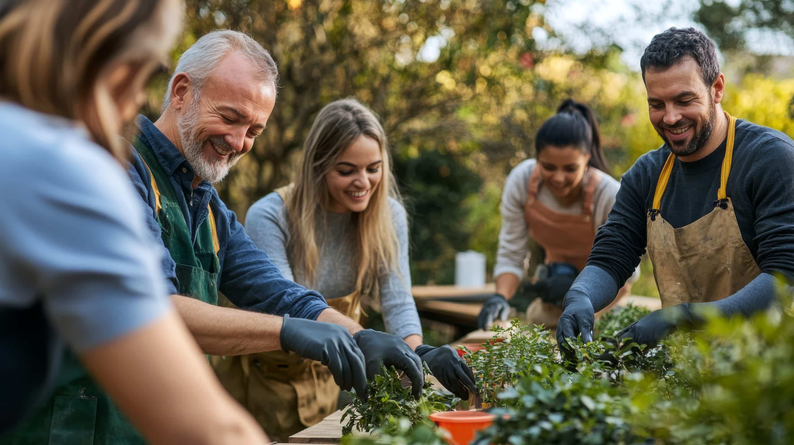 outdoor community setting with volunteers smiling while working together garden project scaled