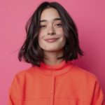 portrait beautiful young woman against pink background looking happy